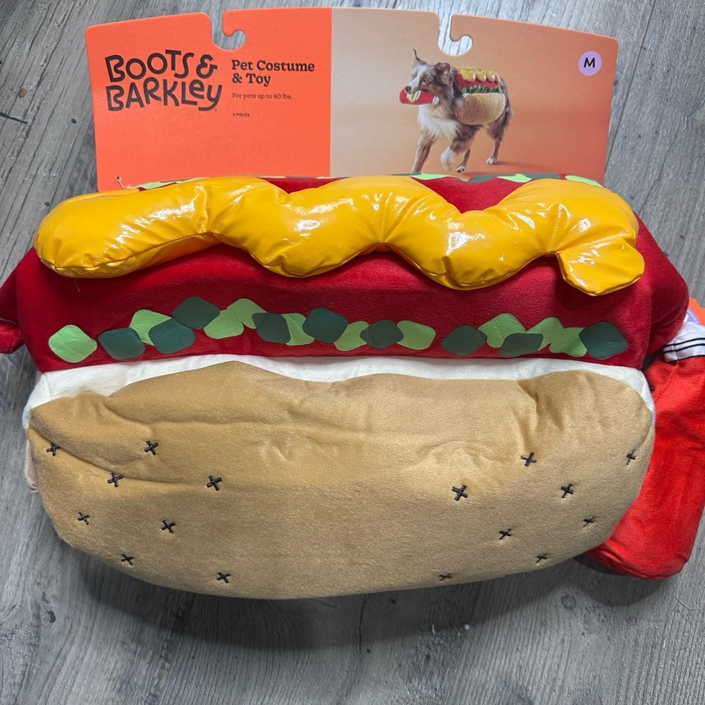 Boots & Barkley Red Hot Dog Pet Costume with Yellow Mustard and Green Lettuce